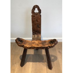 Chaise Basse Tripode Brutaliste et son Repose-Pieds, Travail Français, Vers 1950