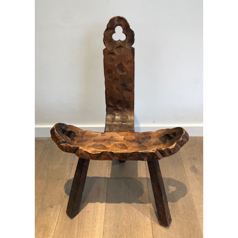 Chaise Basse Tripode Brutaliste et son Repose-Pieds, Travail Français, Vers 1950