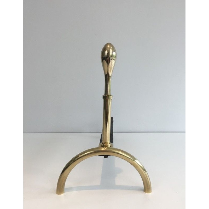 Pair of Neoclassical Brass and Wrought Iron Andirons, French Work, Circa 1970