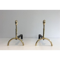 Pair of Neoclassical Brass and Wrought Iron Andirons, French Work, Circa 1970