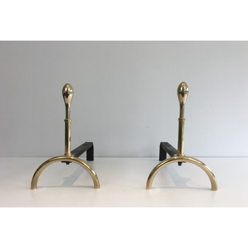 Pair of Neoclassical Brass and Wrought Iron Andirons, French Work, Circa 1970