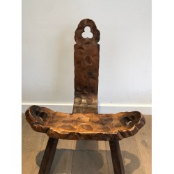 Chaise Basse Tripode Brutaliste et son Repose-Pieds, Travail Français, Vers 1950