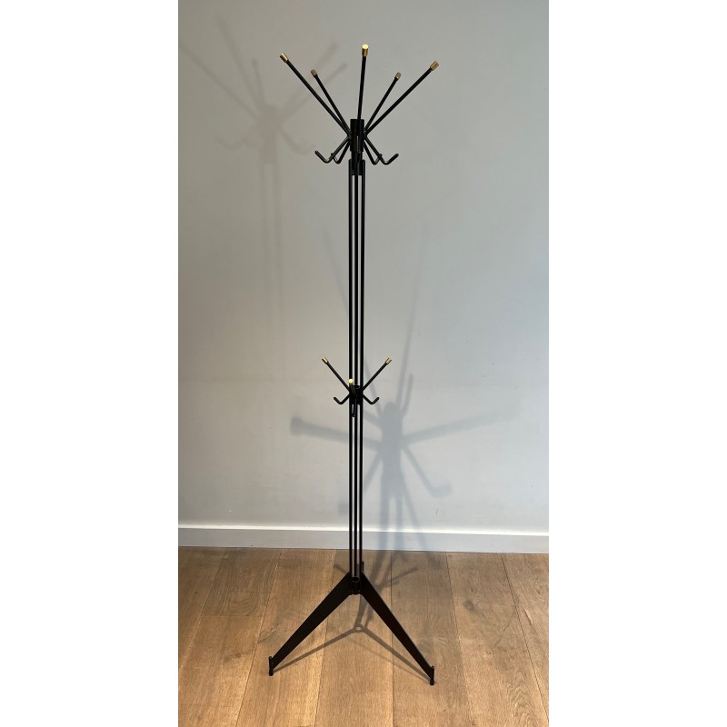 Design Coat Stand in Black Lacquered Metal and Brass, French Work, Circa 1950
