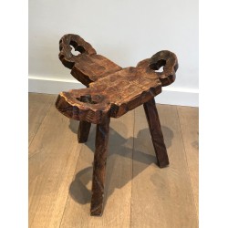 Chaise Basse Tripode Brutaliste et son Repose-Pieds, Travail Français, Vers 1950