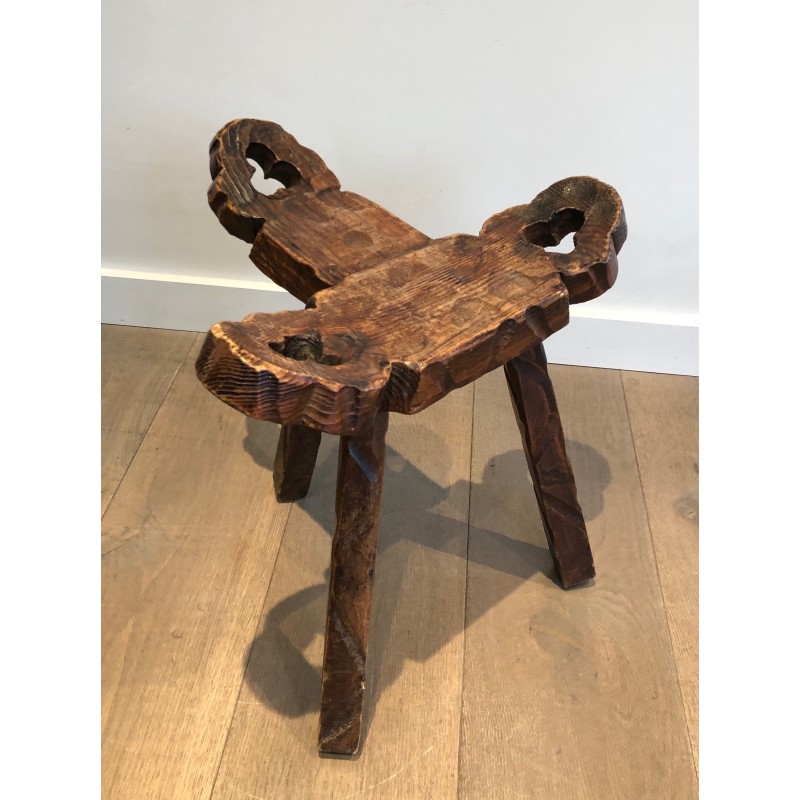 Chaise Basse Tripode Brutaliste et son Repose-Pieds, Travail Français, Vers 1950