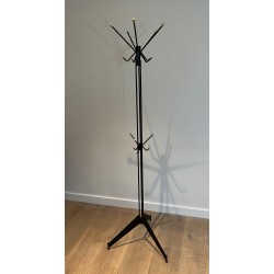Design Coat Stand in Black Lacquered Metal and Brass, French Work, Circa 1950