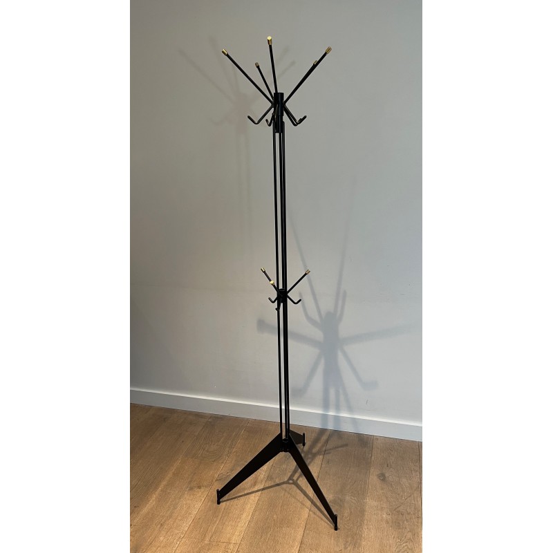 Design Coat Stand in Black Lacquered Metal and Brass, French Work, Circa 1950