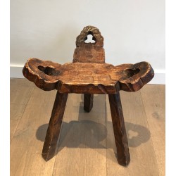 Brutalist Tripod Low Chair with Ottoman, French Work, Circa 1950