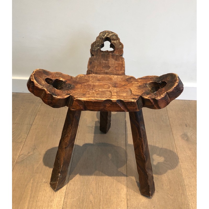 Brutalist Tripod Low Chair with Ottoman, French Work, Circa 1950