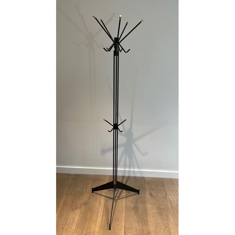 Design Coat Stand in Black Lacquered Metal and Brass, French Work, Circa 1950