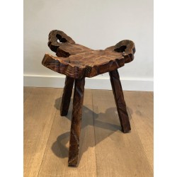 Chaise Basse Tripode Brutaliste et son Repose-Pieds, Travail Français, Vers 1950