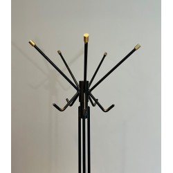 Porte-Manteau Design en Métal Laqué Noir et Laiton, Travail Français, Vers 1950