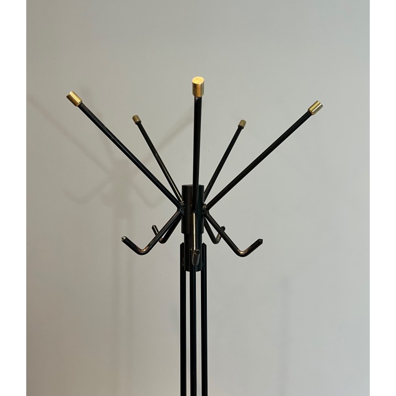 Porte-Manteau Design en Métal Laqué Noir et Laiton, Travail Français, Vers 1950