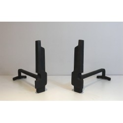 Pair of Modernist Cast Iron and Wrought Iron Andirons, French Work, Circa 1950