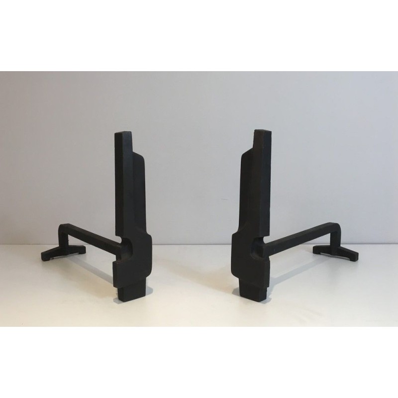 Pair of Modernist Cast Iron and Wrought Iron Andirons, French Work, Circa 1950
