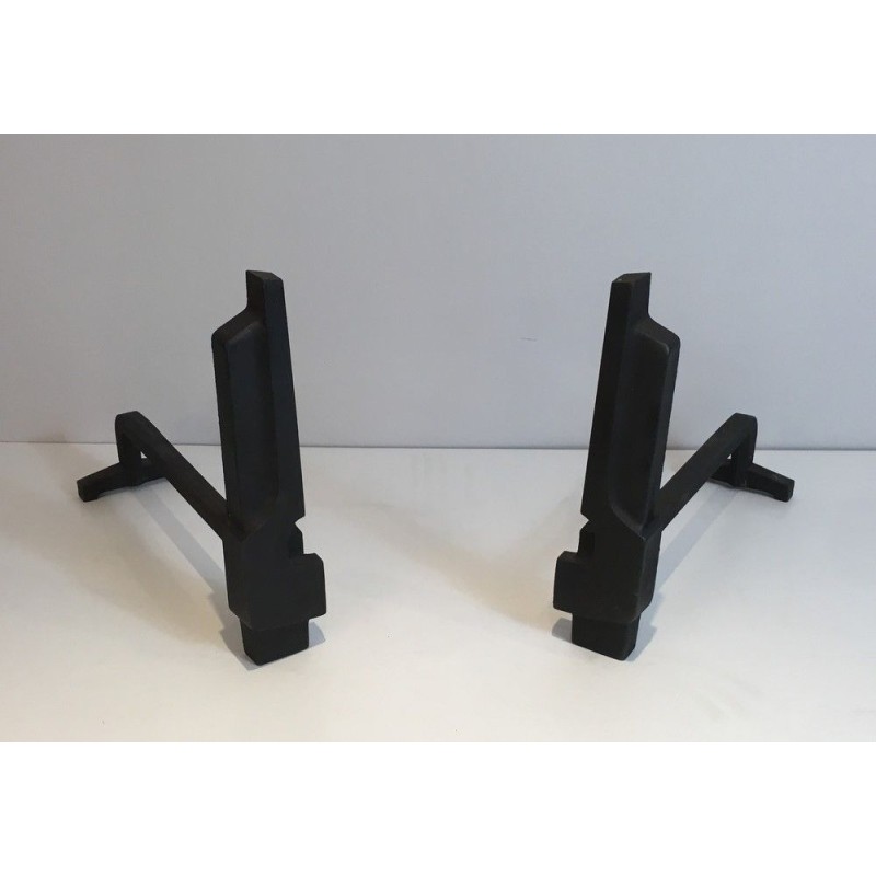 Pair of Modernist Cast Iron and Wrought Iron Andirons, French Work, Circa 1950