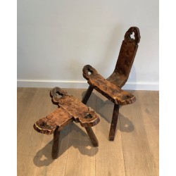 Brutalist Tripod Low Chair with Ottoman, French Work, Circa 1950