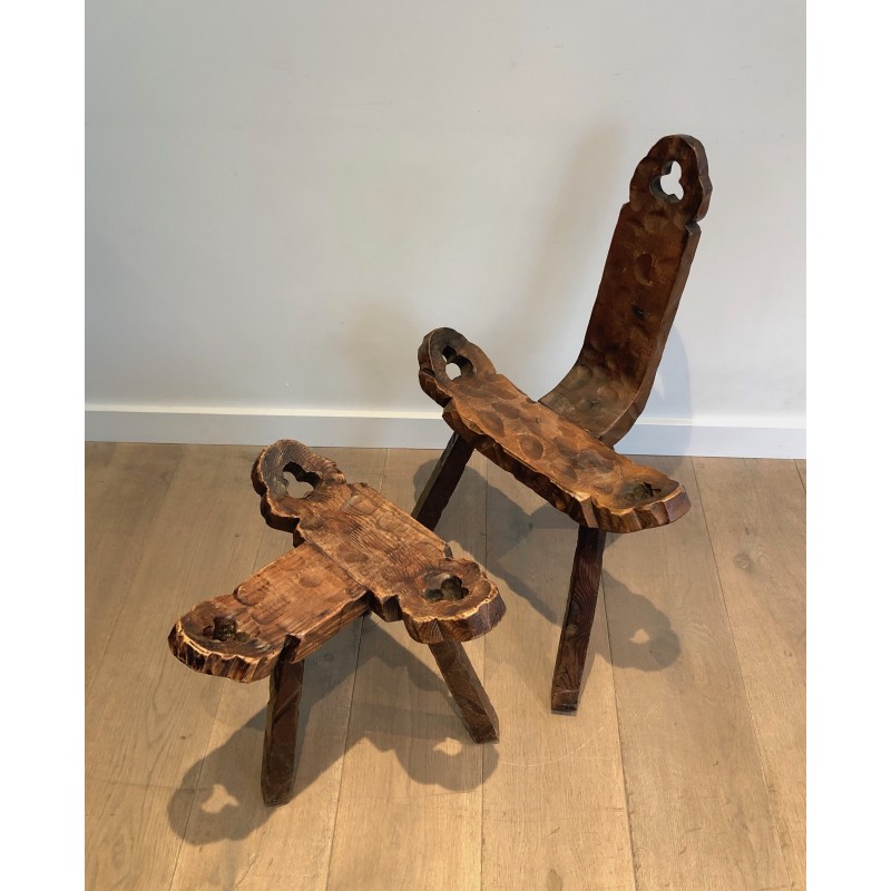Brutalist Tripod Low Chair with Ottoman, French Work, Circa 1950