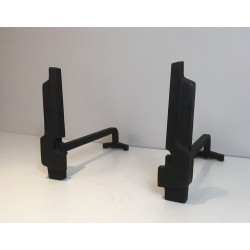 Pair of Modernist Cast Iron and Wrought Iron Andirons, French Work, Circa 1950