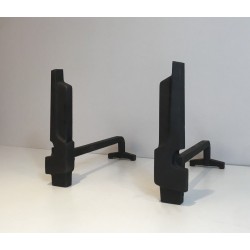 Pair of Modernist Cast Iron and Wrought Iron Andirons, French Work, Circa 1950