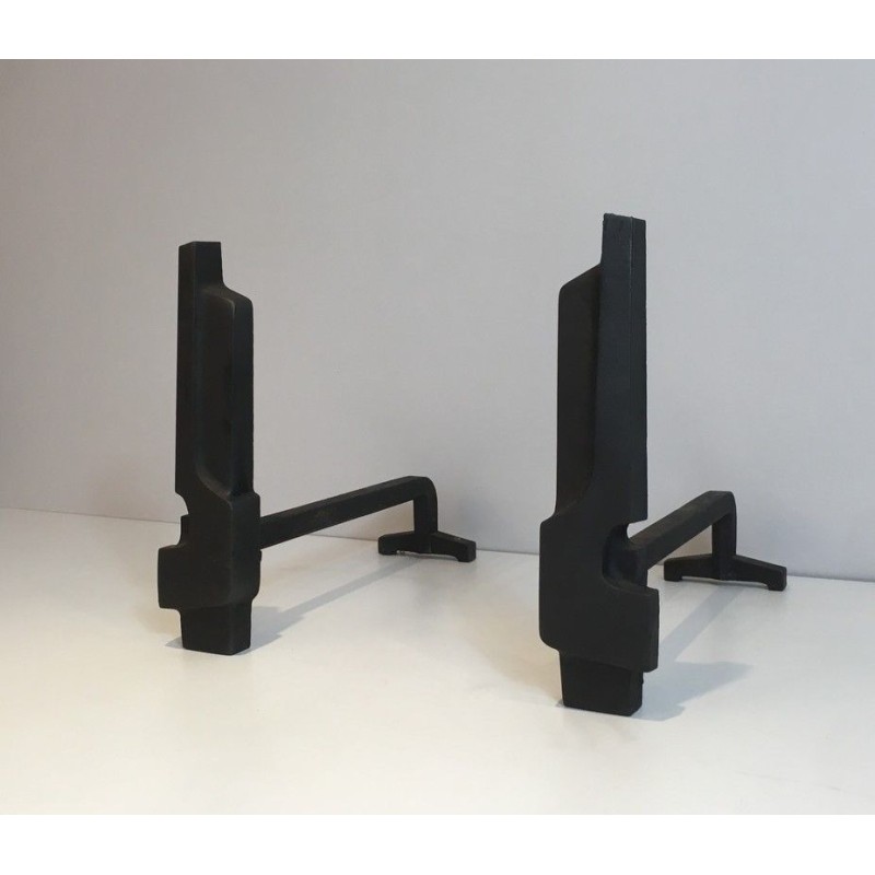 Pair of Modernist Cast Iron and Wrought Iron Andirons, French Work, Circa 1950