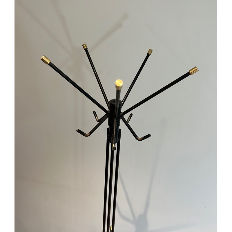 Design Coat Stand in Black Lacquered Metal and Brass, French Work, Circa 1950