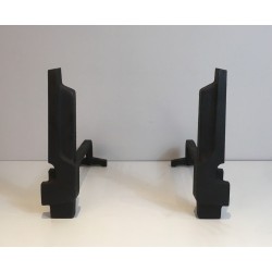 Pair of Modernist Cast Iron and Wrought Iron Andirons, French Work, Circa 1950