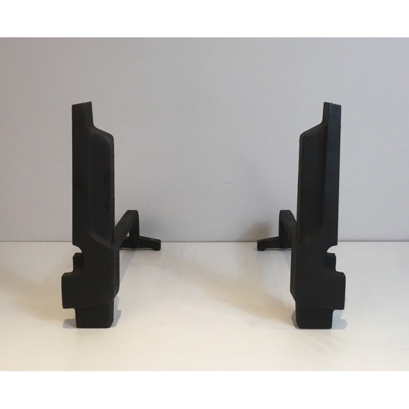 Pair of Modernist Cast Iron and Wrought Iron Andirons, French Work, Circa 1950
