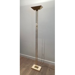 Lampadaire Laiton à Réflecteur Orientable, Socle Travertin, Travail Français, vers 1970 | Maison BARROIS