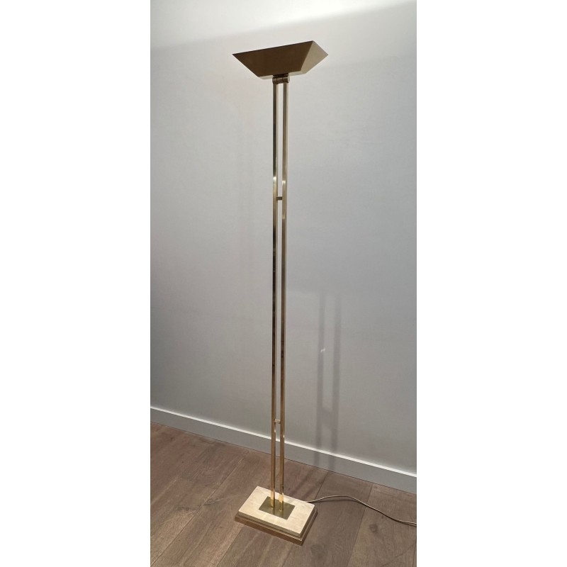 Brass Floor Lamp with Adjustable Reflector, Travertine Base, French Work, circa 1970 | Maison BARROIS