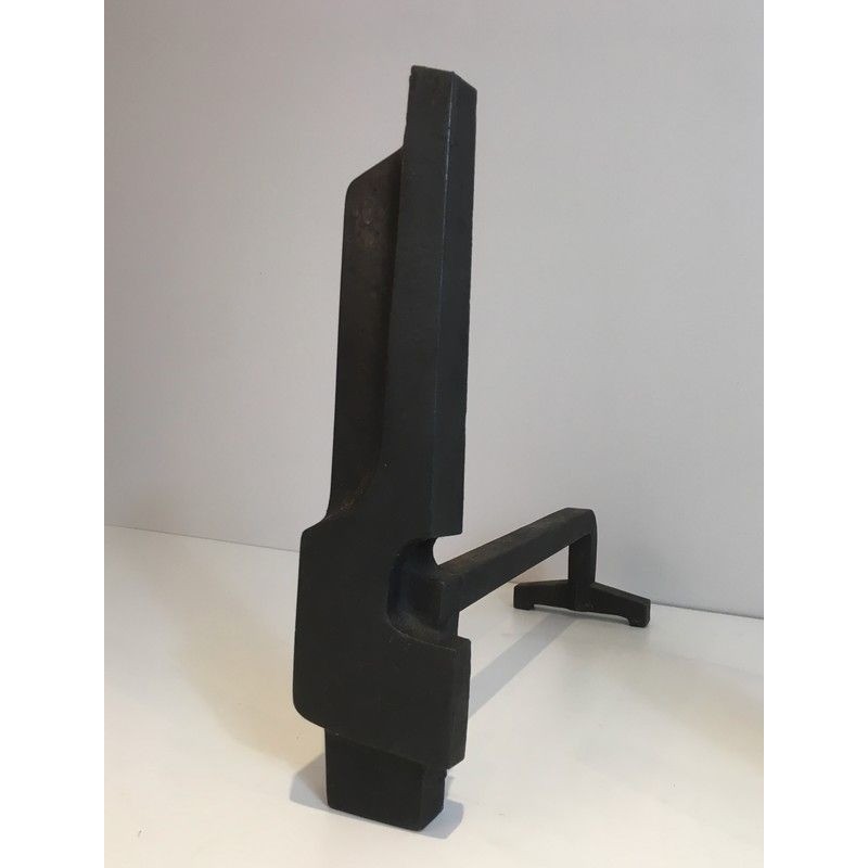 Pair of Modernist Cast Iron and Wrought Iron Andirons, French Work, Circa 1950