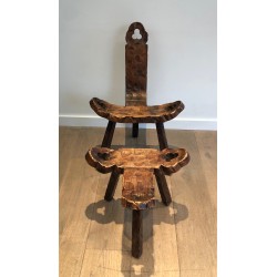 Brutalist Tripod Low Chair with Ottoman, French Work, Circa 1950