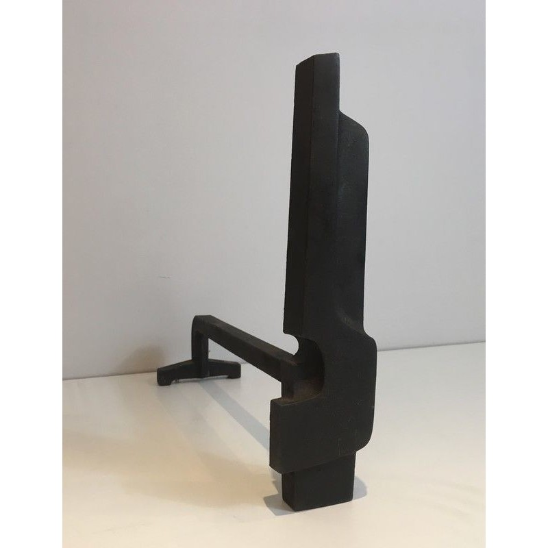 Pair of Modernist Cast Iron and Wrought Iron Andirons, French Work, Circa 1950