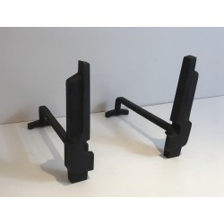 Pair of Modernist Cast Iron and Wrought Iron Andirons, French Work, Circa 1950