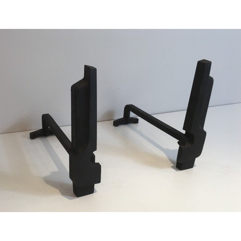 Pair of Modernist Cast Iron and Wrought Iron Andirons, French Work, Circa 1950