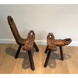 Chaise Basse Tripode Brutaliste et son Repose-Pieds, Travail Français, Vers 1950