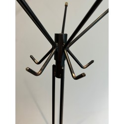 Design Coat Stand in Black Lacquered Metal and Brass, French Work, Circa 1950