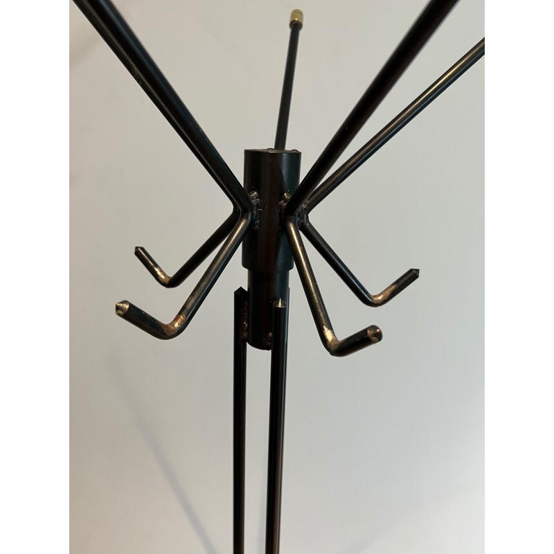 Design Coat Stand in Black Lacquered Metal and Brass, French Work, Circa 1950