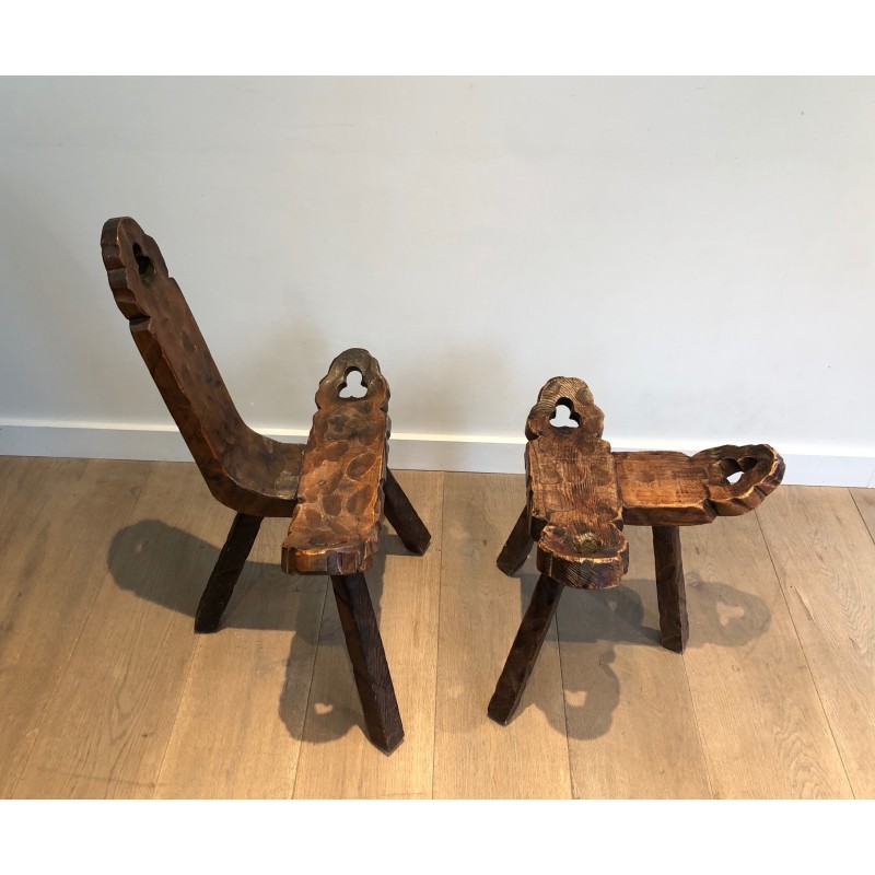 Chaise Basse Tripode Brutaliste et son Repose-Pieds, Travail Français, Vers 1950