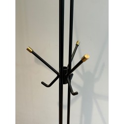 Design Coat Stand in Black Lacquered Metal and Brass, French Work, Circa 1950