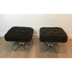 Pair of Chrome and Velvet Swivel Ottomans, French Work, Circa 1970