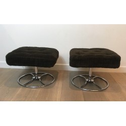 Pair of Chrome and Velvet Swivel Ottomans, French Work, Circa 1970