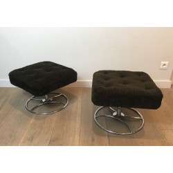 Pair of Chrome and Velvet Swivel Ottomans, French Work, Circa 1970