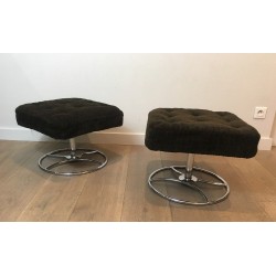 Pair of Chrome and Velvet Swivel Ottomans, French Work, Circa 1970