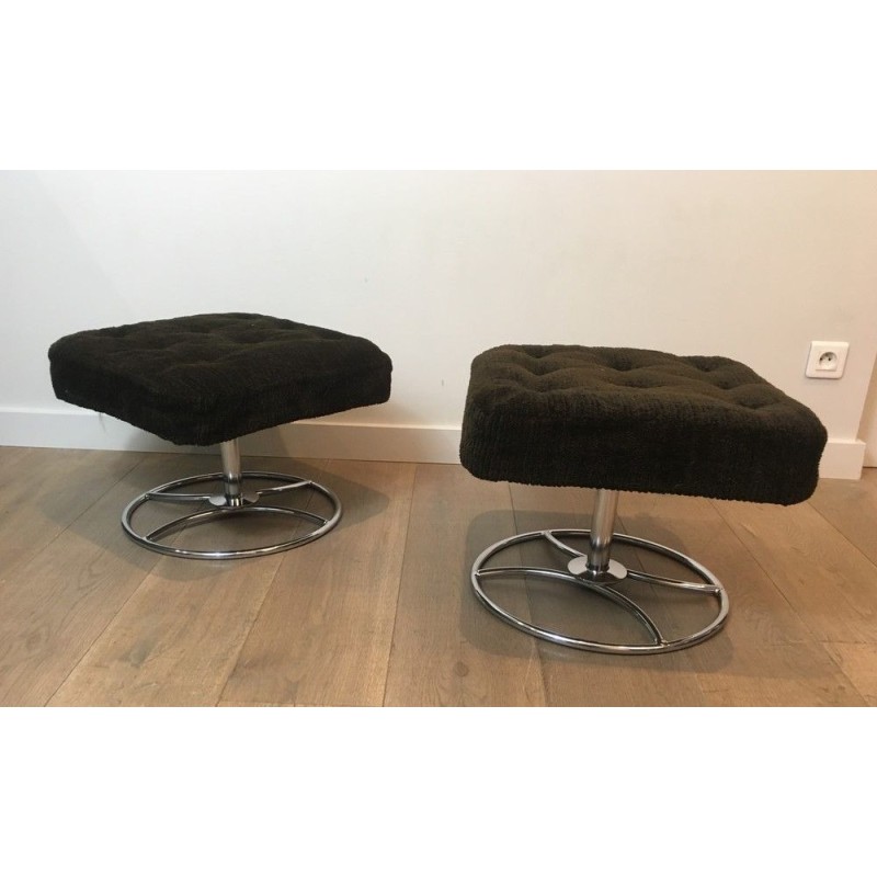 Pair of Chrome and Velvet Swivel Ottomans, French Work, Circa 1970