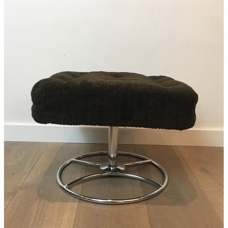 Pair of Chrome and Velvet Swivel Ottomans, French Work, Circa 1970