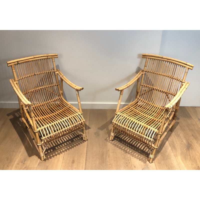 Paire de Fauteuils en Rotin, Travail Français, Vers 1950