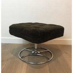 Pair of Chrome and Velvet Swivel Ottomans, French Work, Circa 1970