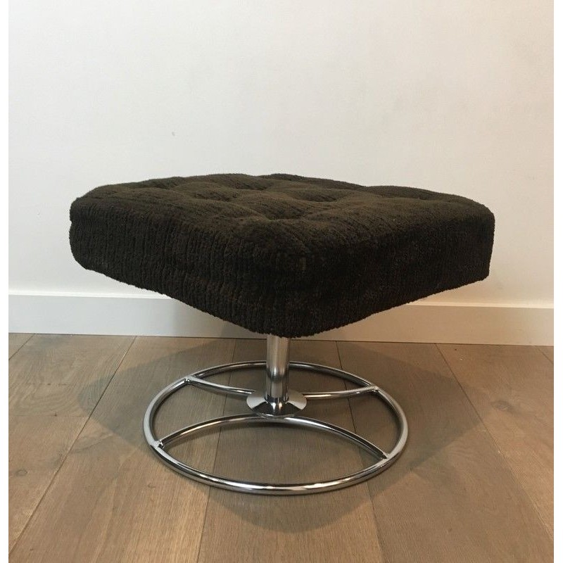 Pair of Chrome and Velvet Swivel Ottomans, French Work, Circa 1970