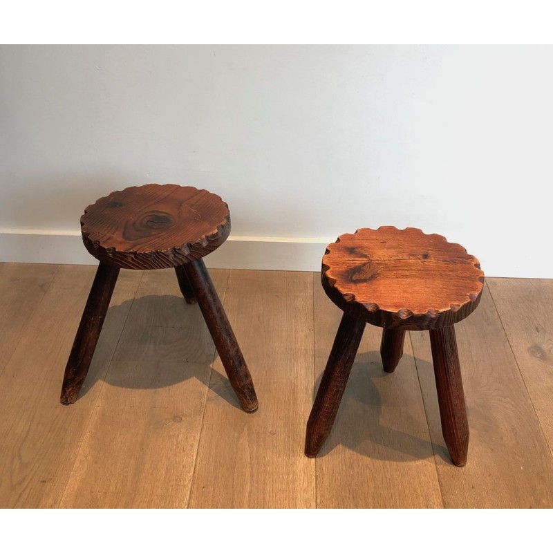 Pair of Brutalist Pine Stools, French Work, circa 1950 | Maison BARROIS